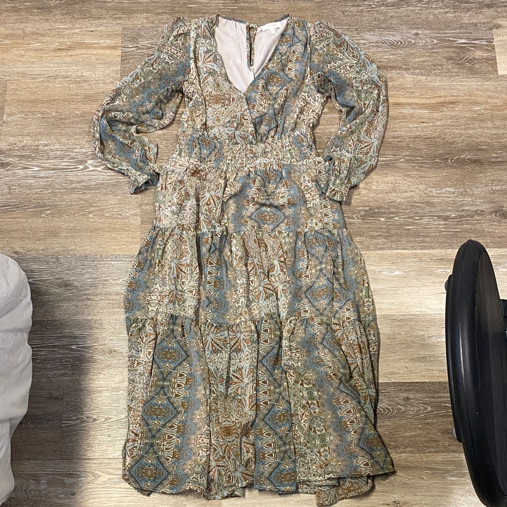 Bohme Blue and Brown Patterned Long Sleeve Dress